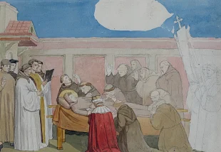 Umírající sv.František podle Giottovy fresky v kapli Bardiů v Sta Croce ve Florencii, 1317-1324