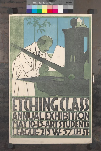 plakát; Plakát k výroční výstavě Etching class annual exhibition pro Art Students League v New Yorku