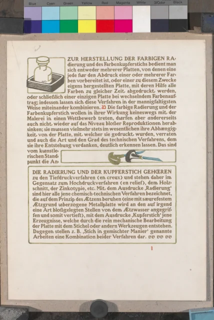 knižní grafika; List o grafických technikách /Zur Berstellung der farbigen Radierung und des Farbenkupferstichs/