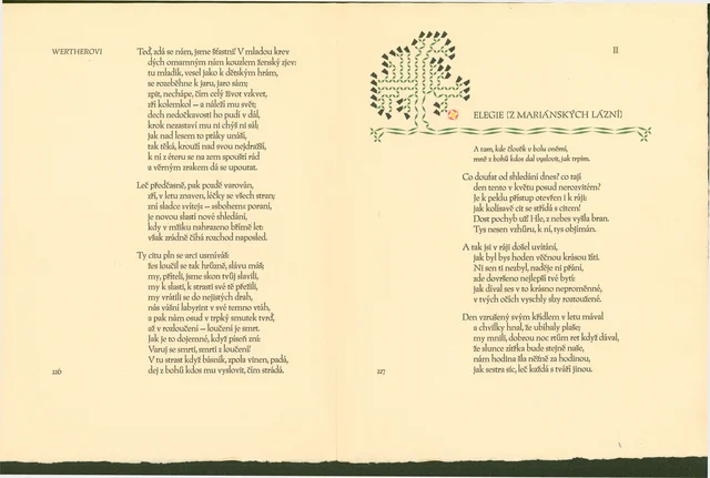 knižní grafika; Ukázka úpravy dvou stránek veršů Elegie (z Mariánských Lázní) a Wertherovi
