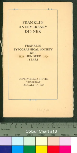 Pozvánka; Pozvánka k slavnostnímu obědu pořádanému ke 100. Výročí založení Franklin Typographical Society v Copley