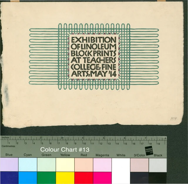 Oznámení; Oznámení výstavy Exhibition of Linoleum Blockprints at Teachers Colege